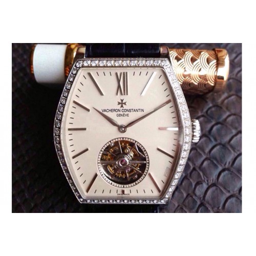 Vacheron Constantin Malte Tourbillon SS Cream Dial Diamonds Bezel on Black Croco Leather Strap