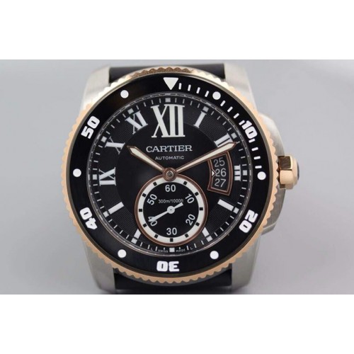 Cartier Calibre de Cartier Diver TF 1:1 Best Edition SS/RG Black Dial on Black Rubber Strap MIYOTA Movement