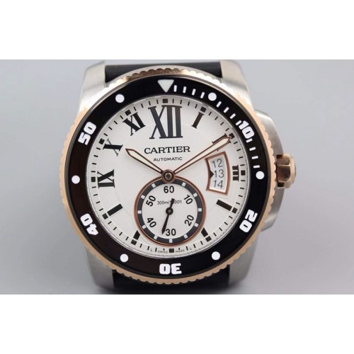 Calibre de Cartier Diver TF 1:1 Best Edition SS/RG White Dial on Black Rubber Strap MIYOTA Movement