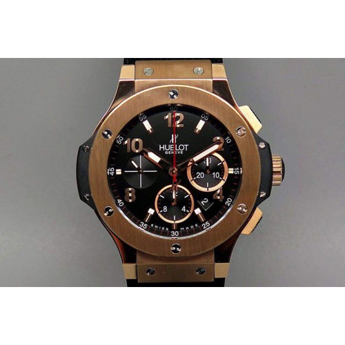 Hublot Big Bang 44mm Black Dial Rose Gold Bezel on Black Rubber Strap HUB4104