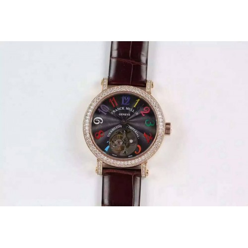 Franck Muller Color Dreams Tourbillon SS Diamonds Bezel Arabic Numerals Markers Black Dial on Black Croco Leather Strap