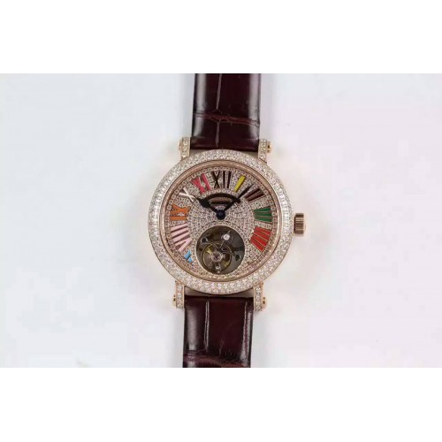 Franck Muller Color Dreams Tourbillon RG Diamond Roman Numerals Markers on Brown Croco Leather Strap