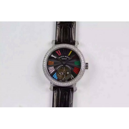 Franck Muller Color Dreams Tourbillon SS Diamonds Bezel Roman Numerals Markers Black Dial on Black Croco Leather Strap