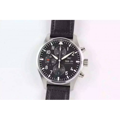 IWC Pilot Chrono SS IW377709 ZF Best Edition Black Dial on Black Leather Strap A7750