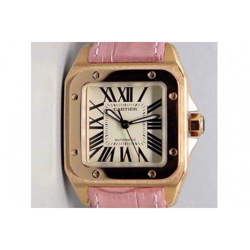 Cartier Santos 100 Midsize RG White Dial on Pink Leather Strap ETA2688