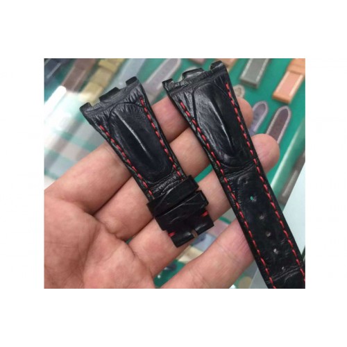 Audemars Piguet Genuine Crocodile Black Horn Back Strap Stitch Red for AP Watches