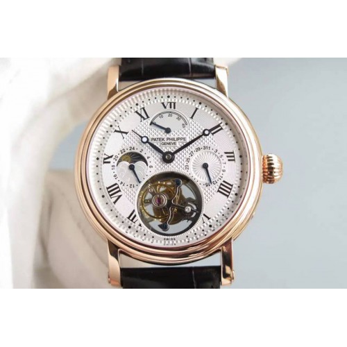 Patek Philippe Grand Complications AXF RG White Dial moonphase(left) on Black Leather Strap