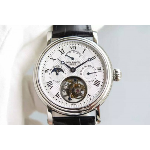 Patek Philippe Grand Complications AXF SS White Dial moonphase(left) on Black Leather Strap