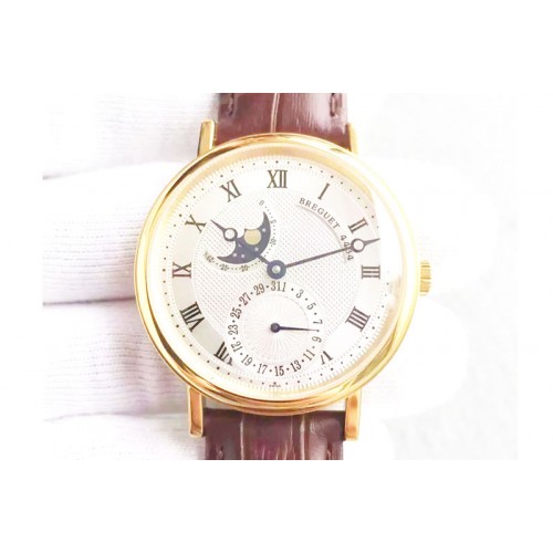 Breguet Classique 18K Yellow Gold Wrapped  Moonphase White Textured Dial on Black Leather Strap MIYOTA9015