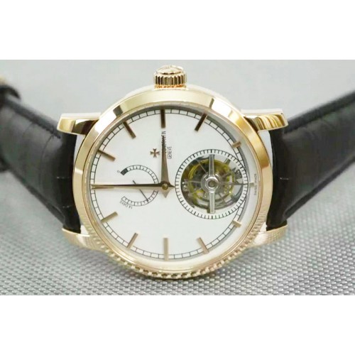 Vacheron Constantin The Patrimony Tourbillon 18K Rose Gold Wrapped Power Reserve TF Best Edition White Dial on Brown Croco Leath