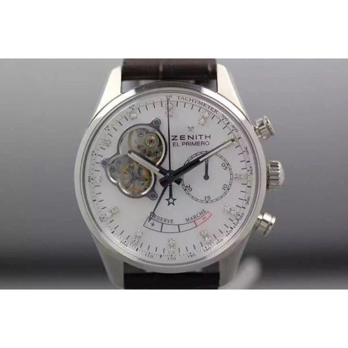 Zenith El Primero SS AXF Silver Dial Diamonds Markers on Black Leather Strap Asian Manual Winding Chrono Movement