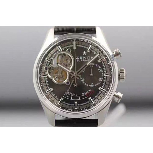 Zenith El Primero SS AXF Black Dial on Black Leather Strap Asian Manual Winding Chronograph Movement