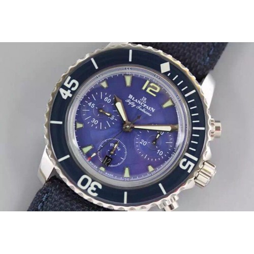 Blancpain Fifty Fathoms Chronograph SS Blue Dial on Sail-canvas Strap A7750