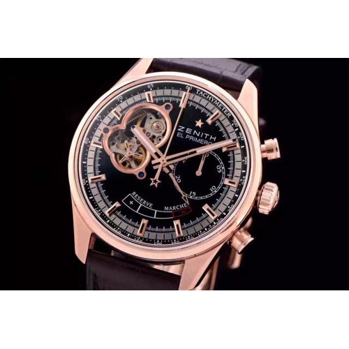 Zenith El Primero RG AXF Black Dial on Black Leather Strap Asian Manual Winding Chronograph Movement