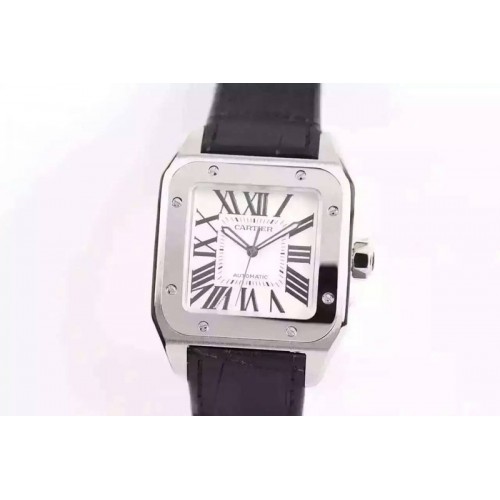 Cartier Santos 100 33mm V6F Best Edition Ladies SS White Dial on Black Leather Strap SEIKO NH05A