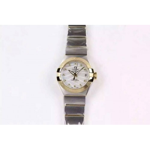 Omega Constellation Pluma Ladies SS/YG V6F Diamonds Bezel White MOP Dial on SS Bracelet A8520