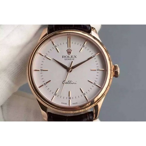 Rolex Cellini 50509 MK V2 Best Edition RG White Sticks Dial on Brown Leather Strap A3132