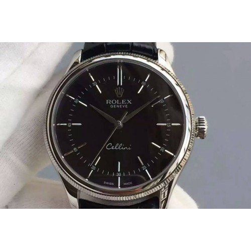Rolex Cellini 50509 MK V2 Best Edition SS Black Roman Dial on Black Leather Strap A3132