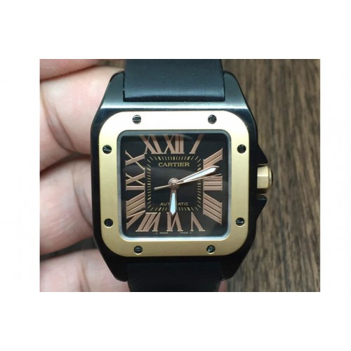 Cartier Santos 100 33mm PVD Black Dial Rose Gold Bezel on Black Fabric Strap Swiss2671