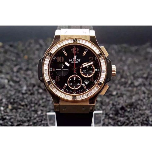 Hublot Big Bang 44mm Gold Diamond Bezel Black Dial JF on Rubber Strap Asian 7750