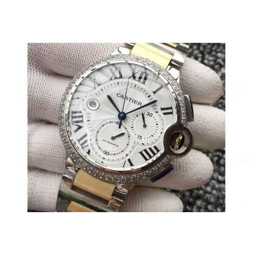 Ballon Bleu De Cartier Chrono 47mm SS White Textured Dial Diamond Bezel on SS/YG Bracelet A7750