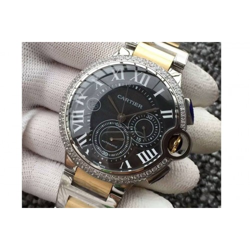 Ballon Bleu De Cartier Chrono 47mm SS Black Textured Dial Diamond Bezel on SS/YG Bracelet A7750