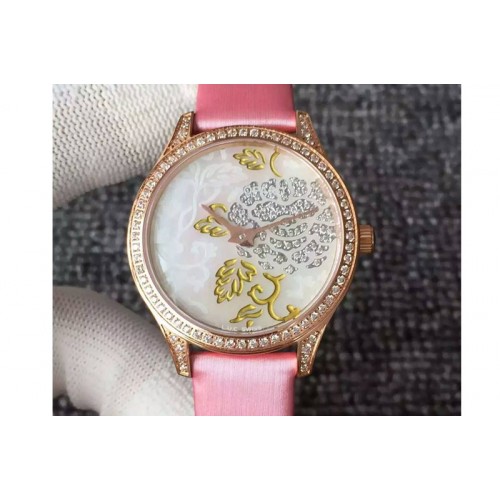 Chopard L.U.C Urushi Ladies RG Full Paved Diamonds Case Pink Dial on White Fabric Strap Micro-Rotor Movement