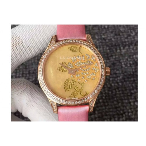 L.U.C Urushi Ladies RG Full Paved Diamonds Case Pink Dial on Gold Fabric Strap Micro-Rotor Movement L.U.C Urushi Ladies RG Full Paved Diamonds Case Pink Dial on Gold Fabric Strap Micro-Rotor Movement
