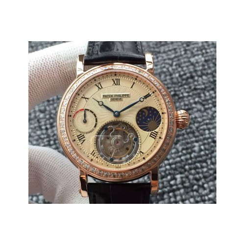 Patek Philippe Classic Tourbillon RG AXF Gold Textured Dial Diamond Bezel on Black Leather Strap
