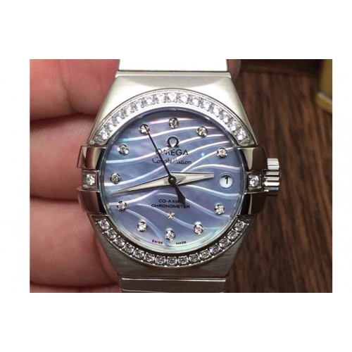 Omega Double Eagle 123.15.27.20.57.001 Ladies 27mm Auto SS/SS Blue Mop Diamond Bezel J-Miyota 8205