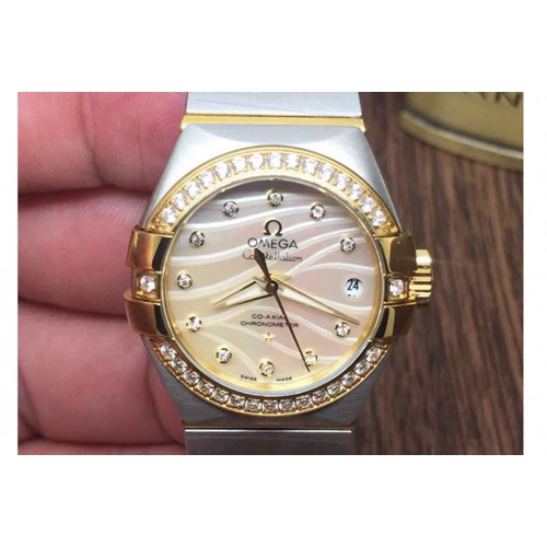 Omega Double Eagle Ladies 27mm Auto YG/SS Gold Mop Diamond Bezel J-Miyota 8205