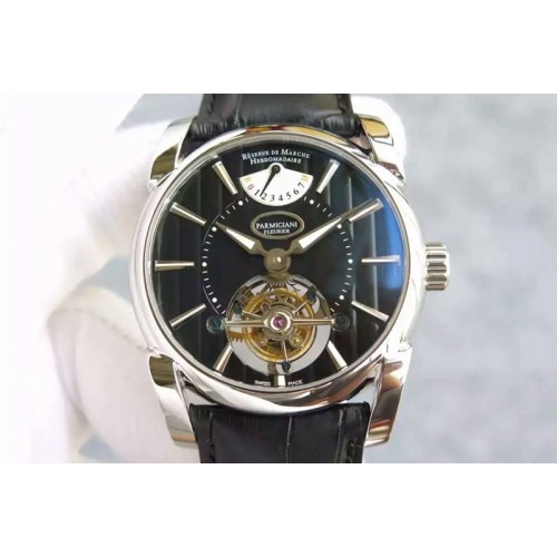 Parmigiani Fleurier Tonda Tourbillon Real PR SS Black Dial on Black Leather Strap