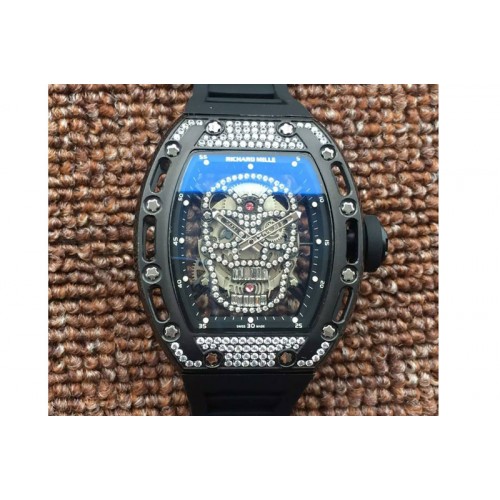 Richard Mille RM 052 Skull Watch PVD Full Paved Diamonds Skull Dial on Black Rubber Strap 6T51