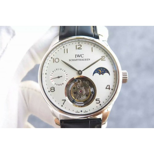 IWC Portuguese Tourbillon Power Reserve Moonphase SS White Dial on Black Leather Strap