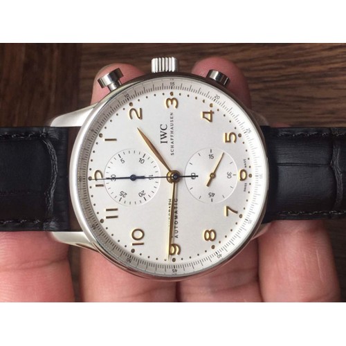 IWC Portuguese 40mm Chrono JJ SS White Dial on Black Leather Strap A7750