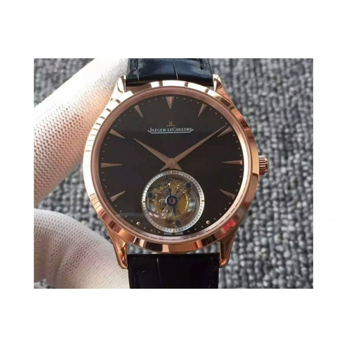 Jaeger-LeCoultre Master Ultra Thin Tourbillon RG Black Dial on Black Leather Strap