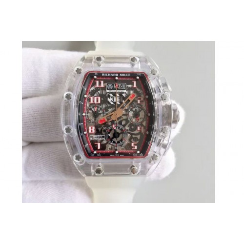 Richard Mille RM 011 Transparent Case Red Inner Bezel Skeleton Dial on White Rubber Strap A7750