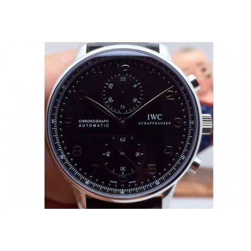 IWC Portuguese Chrono 371417 SS Black Dial on Black Leather Strap A89000