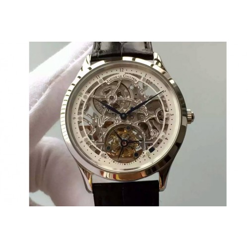 Jaeger-LeCoultre Master Ultra Thin Tourbillon SS Skeleton Dial White Inner Bezel on Black Leather Strap