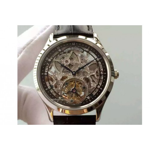 Jaeger-LeCoultre Master Ultra Thin Tourbillon SS Skeleton Dial Black Inner Bezel on Black Leather Strap