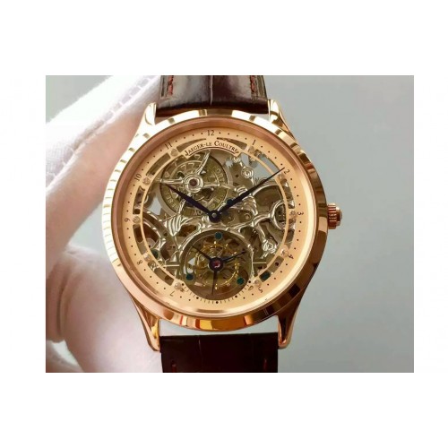 Jaeger-LeCoultre Master Ultra Thin Tourbillon RG Skeleton Dial RG Inner Bezel on Brown Leather Strap