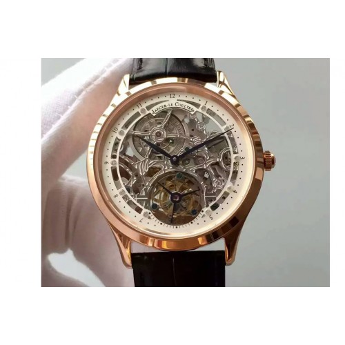 Jaeger-LeCoultre Master Ultra Thin Tourbillon RG Skeleton Dial White Inner Bezel on Black Leather Strap