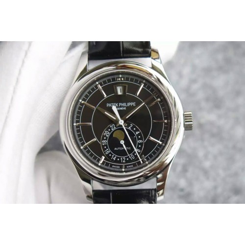 Patek Philippe Classic 5205 Moonphase SS Black Dial on Black Leather Strap Miyota 9015
