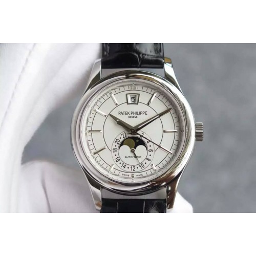 Patek Philippe Classic 5205 Moonphase SS White Dial on Black Leather Strap Miyota 9015