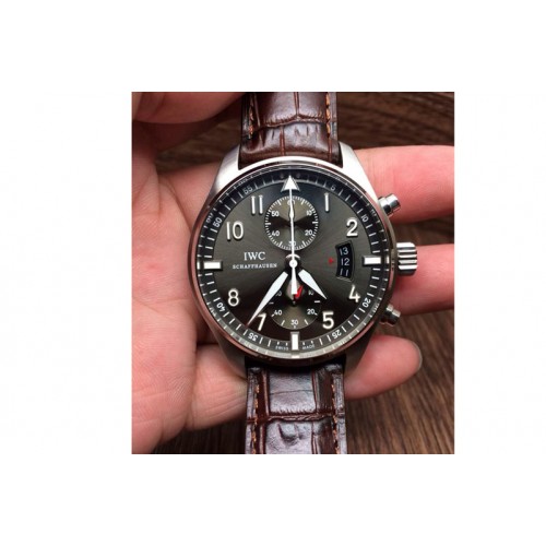 IWC Pilot Chrono SS 3878 Gray Dial on Brown Leather Strap A7750