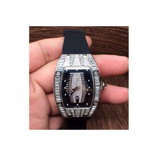 Richard Mille RM 007 Lady SS Full Paved Crystal Case Diamonds Dial on Black Rubber Strap 6T51