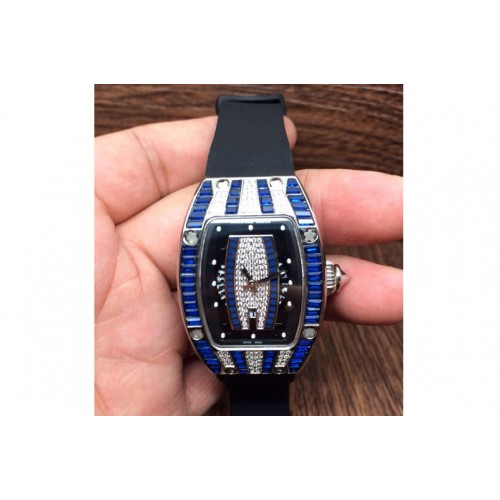 Richard Mille RM 007 Lady SS Full Paved Blue Crystal Case Diamonds Dial on Black Rubber Strap 6T51