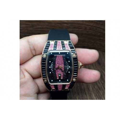 Richard Mille RM 007 Lady RG Full Paved Black Crystal Case Diamonds Dial on Black Rubber Strap 6T51