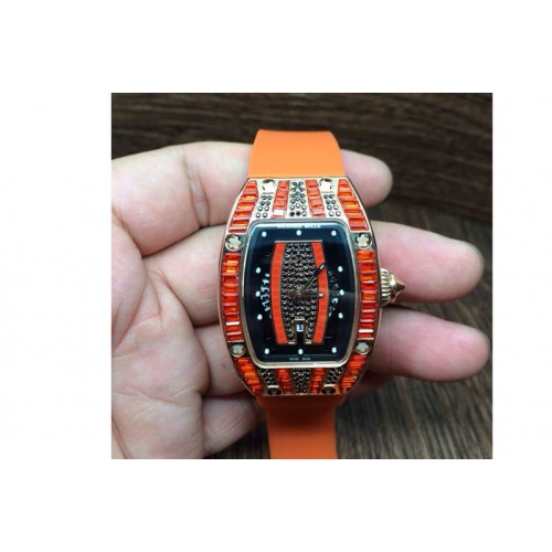 Richard Mille RM 007 Lady RG Full Paved Orange Crystal Case Diamonds Dial on Orange Rubber Strap 6T51