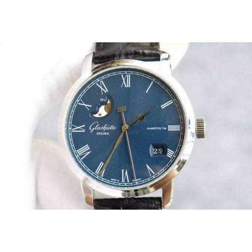 Glashutte Original Senator Moonphase SS Blue Dial on Black Leather Strap Cal.100-04